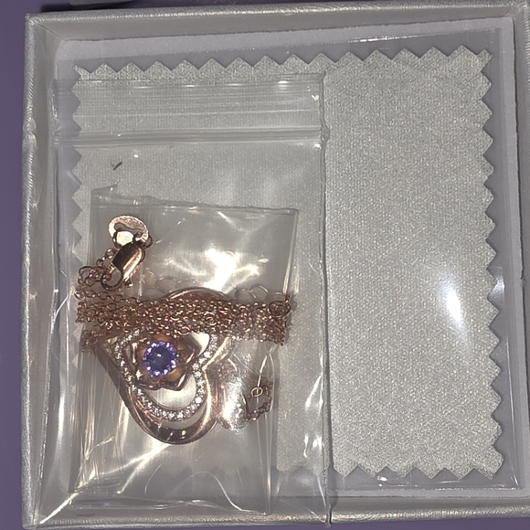 Silver Rose Gold Heart Necklace with Blue/Purple Center Stone - Picture 4 of 10